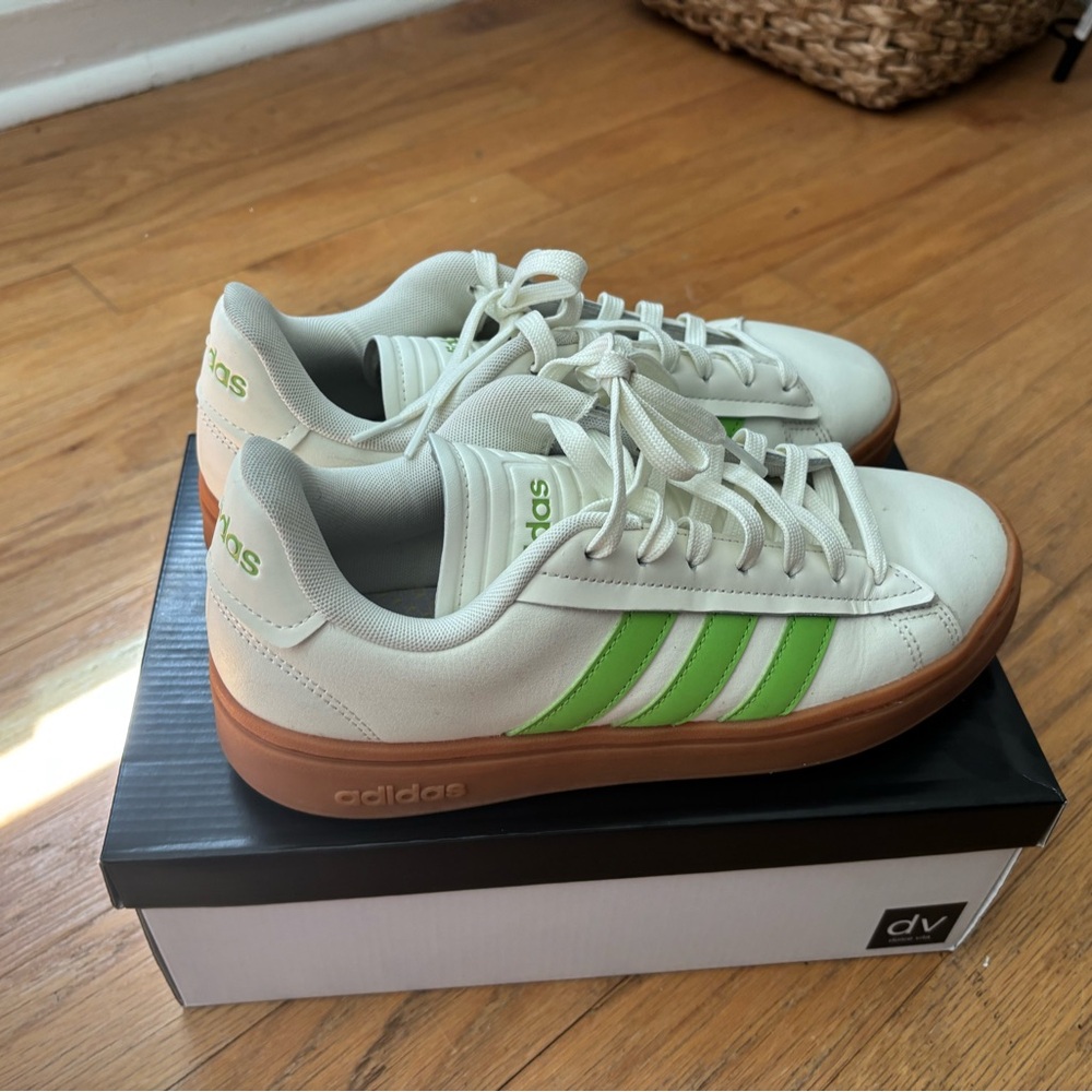 adidas White Sneakers with Green Stripes and Brown Gum Sole